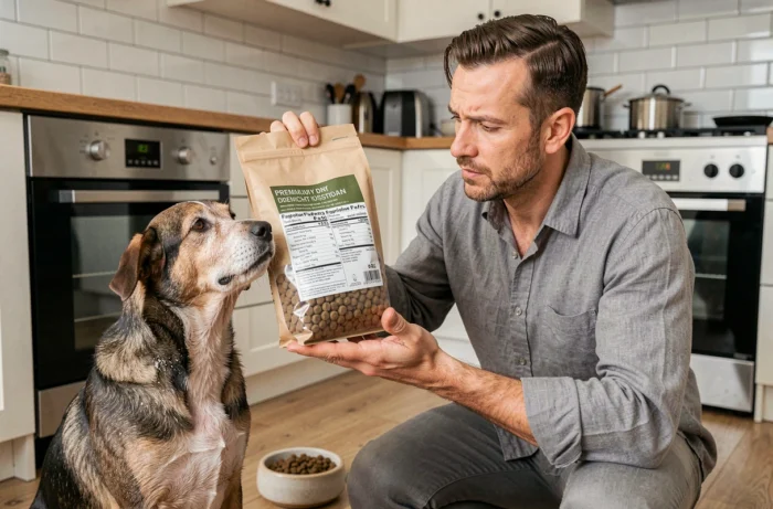 Propriétaire de chien lisant les ingrédients d'un sac de croquettes hypoallergéniques pour chien à problèmes de peau