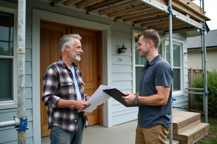 Propriétaire et entrepreneur échangeant des devis devant une maison en cours de rénovation