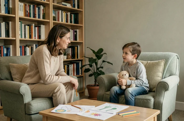 Psychologue pour enfants en séance avec un jeune garçon dans un cabinet thérapeutique, accompagnement de la phobie scolaire