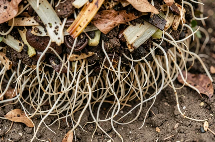 Gros plan sur des racines blanches envahissant le fond d'un tas de compost au jardin potager