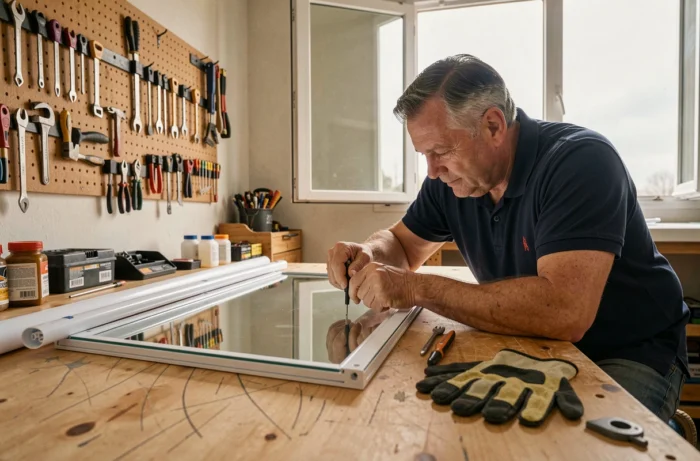 Homme démontant le boîtier LED d'un miroir de salle de bain posé sur un établi d'atelier avec des outils
