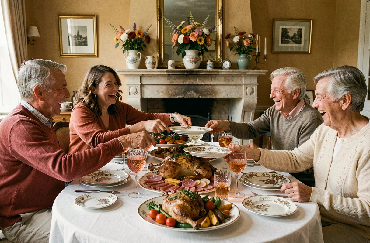 Repas de Pentecôte en famille autour d'une grande table avec poulet rôti, charcuterie et vin rosé dans une salle à manger française