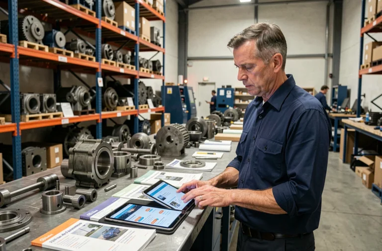 Responsable achats industriels consultant une place de marché professionnelle sur tablette dans un entrepôt équipé