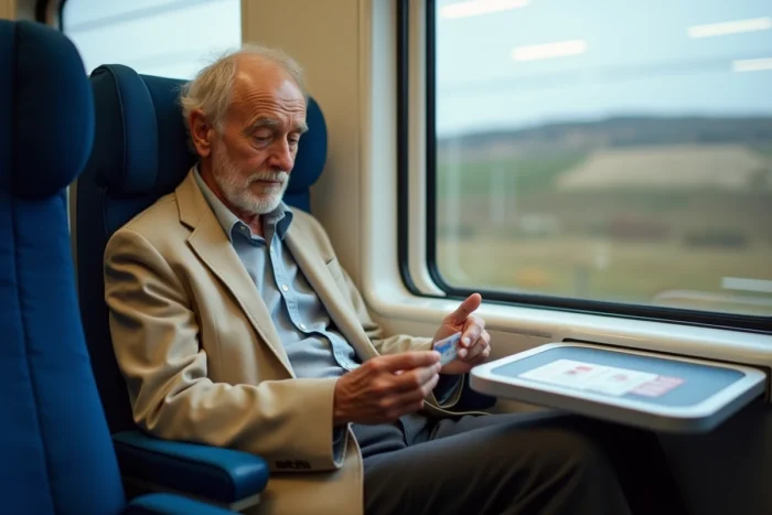 Un retraité consulte son pass Carmillon et son billet dans un siège de TGV avec un paysage de campagne en arrière-plan