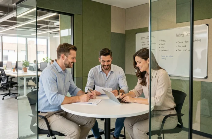 Équipe de professionnels en réunion dans un pod vitré d'un espace de coworking à Bruxelles