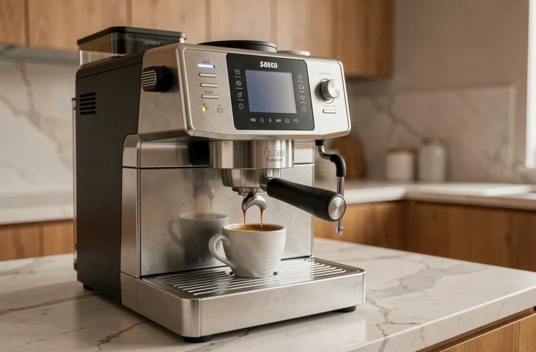 Machine à café automatique Saeco Picobaristo Deluxe sur un plan de travail en marbre avec une tasse d'espresso fraîchement préparée