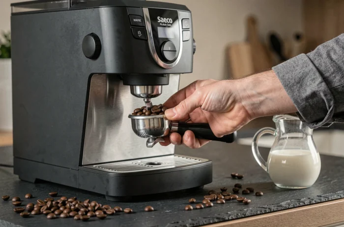 Gros plan sur les mains d'un utilisateur interagissant avec le compartiment à grains de la Saeco Picobaristo Deluxe