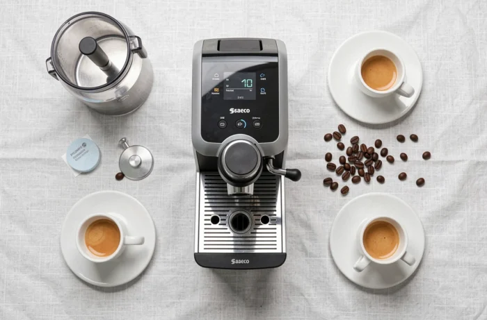 Vue à plat de la Saeco Picobaristo Deluxe avec ses accessoires et tasses à espresso sur fond de lin blanc