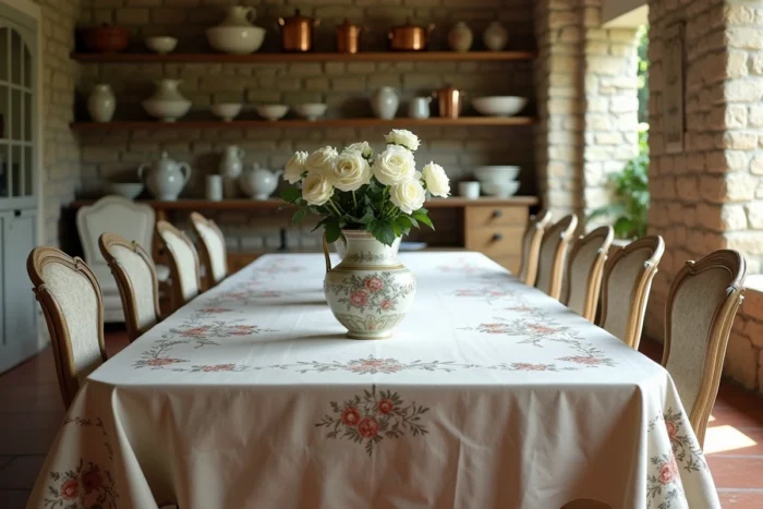 Salle à manger de style campagne française avec table en lin brodé, chaises en toile de Jouy et vaisselle en céramique artisanale