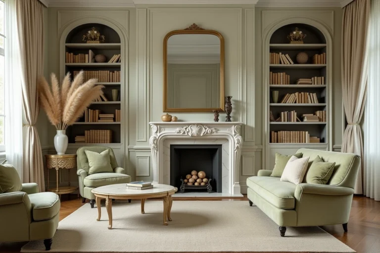 Salon français élégant avec cheminée en marbre, parquet en chevrons et décoration personnalisée en tons ivoire et or