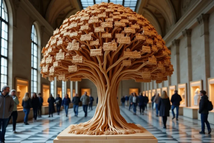 Sculpture en bois tridimensionnelle représentant l'arbre généalogique des rois de France exposée dans un musée historique