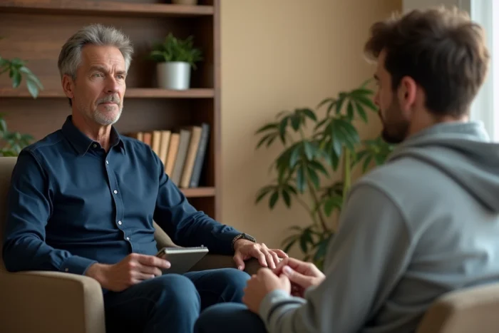 Séance de thérapie entre un psychologue et son patient dans un cabinet minimaliste, illustrant le soutien psychologique pour les troubles mentaux