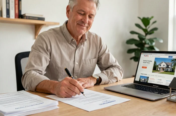 Homme signant un compromis de vente immobilier dans un bureau à domicile, symbolisant la finalisation d'un projet immobilier réussi