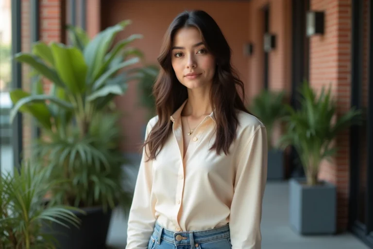 Jeune femme brune élégante en tenue décontractée posant devant un mur en briques urbain, illustrant la silhouette et la morphologie d'une célébrité