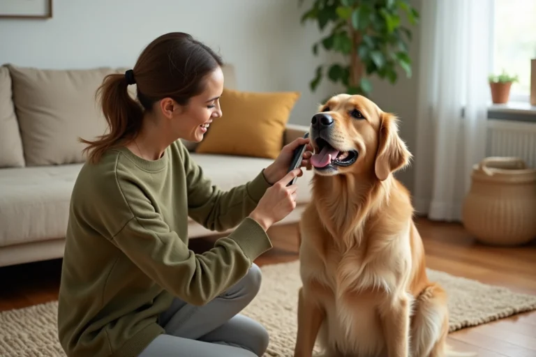 Femme qui brosse son golden retriever dans un salon chaleureux, soin et entretien du pelage d'un chien de compagnie au quotidien