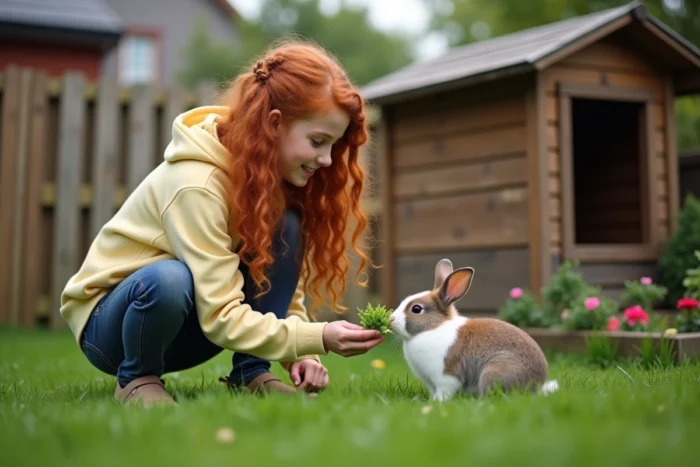 Adolescente nourrissant un lapin nain dans un jardin, soin et éducation d'un petit animal de compagnie en extérieur
