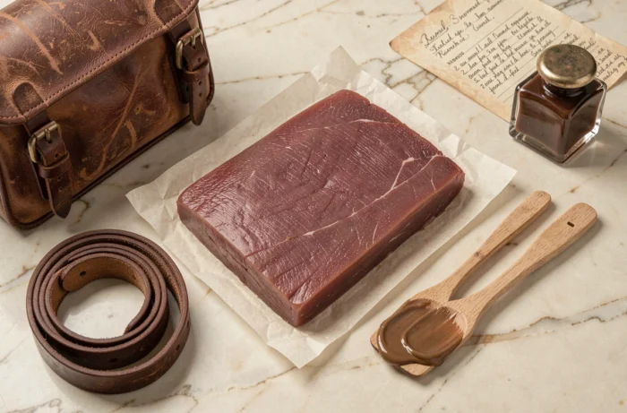 Bloc de suif de bœuf brut sur marbre entouré d'accessoires en cuir vintage pour l'entretien traditionnel