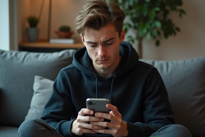 Jeune adulte consultant le support client via une application mobile pour résoudre un problème de connexion