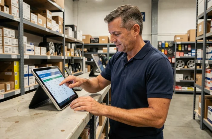 Technicien en pièces automobiles accédant rapidement aux pages du catalogue Mega REF sur une tablette en magasin