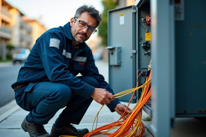 Technicien installant des câbles fibre optique dans une armoire de télécommunication en milieu urbain
