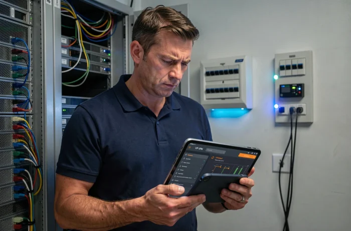 Technicien IT en salle serveur consultant une alerte de déconnexion VPN sur une tablette numérique