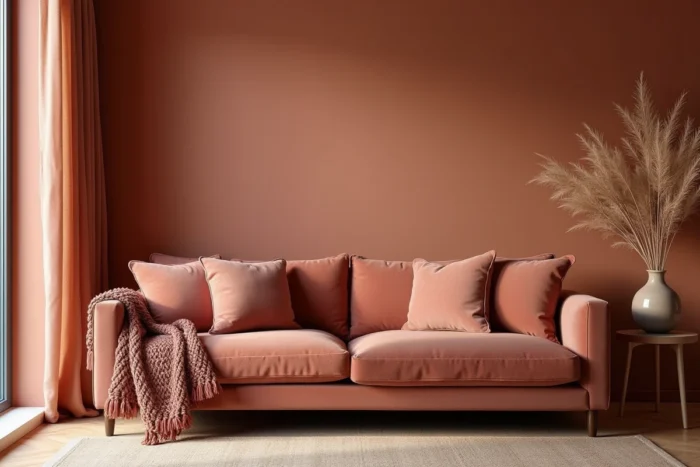 Salon aux murs en teintes terreuses profondes remplaçant le tout beige, avec canapé velours rose poudré et décoration en argile