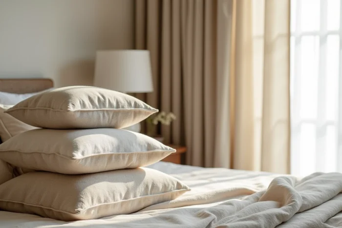 Chambre avec coussins en lin naturel, coton épais et soie brute et rideaux en laine tissée illustrant les textiles en fibres naturelles