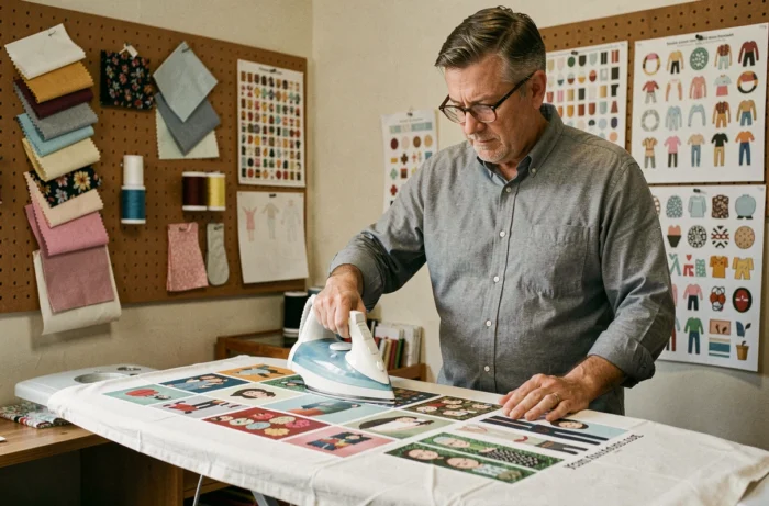 Homme utilisant un fer à repasser pour thermofixer une sérigraphie sur tissu dans un atelier de création textile à domicile