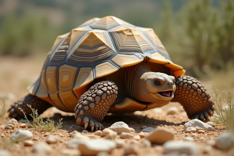 Tortue Hermann mâle en posture agressive, bouche ouverte, sur sol rocailleux méditerranéen