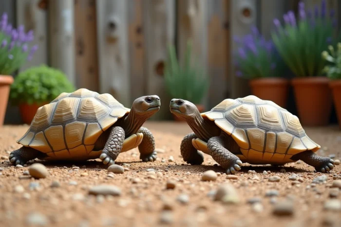 Deux tortues Hermann dans un enclos extérieur, le mâle adoptant un comportement d'agression territoriale en poursuivant l'autre individu