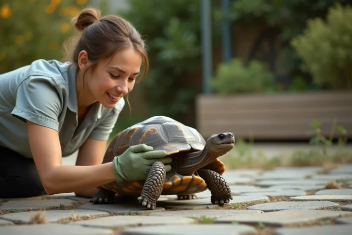 Propriétaire observant son tortue Hermann mâle qui tente de mordre son gant, dans un jardin avec enclos en bois visible en arrière-plan