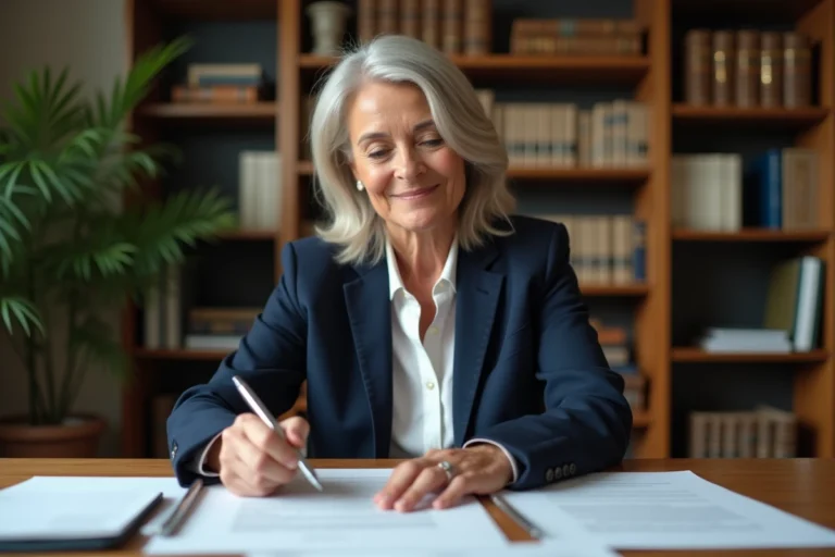 Tutrice légale examinant des documents officiels dans un bureau à domicile en France