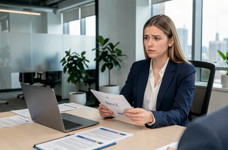 Jeune femme diplômée Bac+2 en entretien d'embauche dans un bureau moderne, tenant son dossier de diplôme face à un recruteur