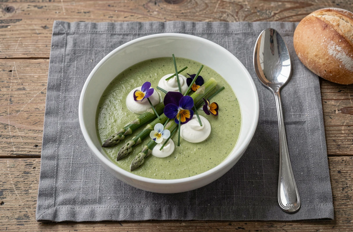 Velouté d'asperges servi en bol céramique avec crème fraîche et fleurs comestibles pour un menu de Pentecôte élégant