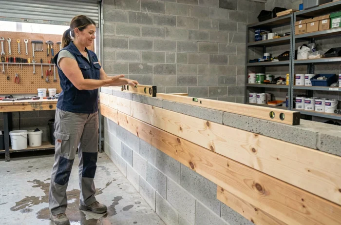 Femme vérifiant l'alignement de chevrons fixés sur un mur en parpaing dans un atelier avec niveau à bulle