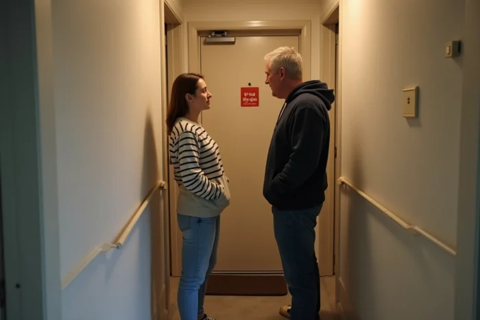 Couple vérifiant la fermeture de la porte d'entrée de leur appartement comme geste de prévention contre les incendies