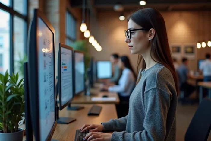 Femme professionnelle vérifiant les critères de sécurité d'une plateforme en ligne dans un espace de coworking