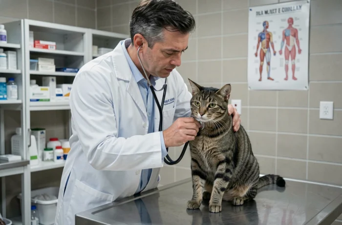 Vétérinaire examinant un chat tigré avec un stéthoscope dans une clinique vétérinaire moderne