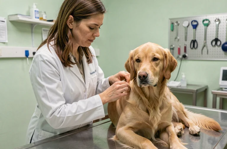 Vétérinaire examinant la peau d'un golden retriever en cabinet pour identifier des problèmes dermatologiques canins