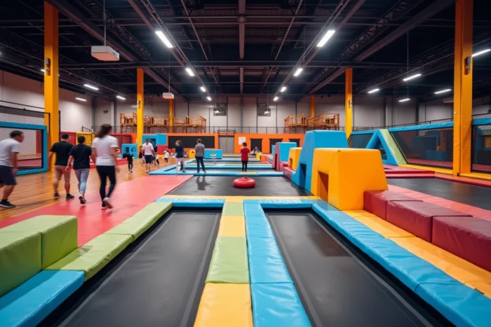 Vue intérieure du centre de loisirs Badaboom Thionville avec structures gonflables, bowling et trampolines pour toute la famille